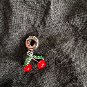 Pandora Red Cherry Enamel Dangle Charm with Green Leaves
